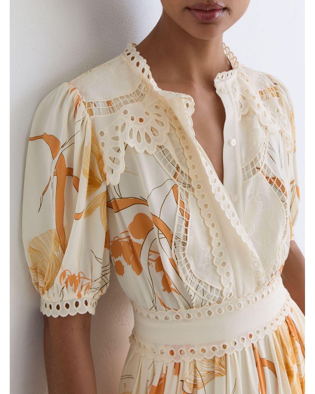 Reiss White Floral-Print Lace-Trim Mini Dress