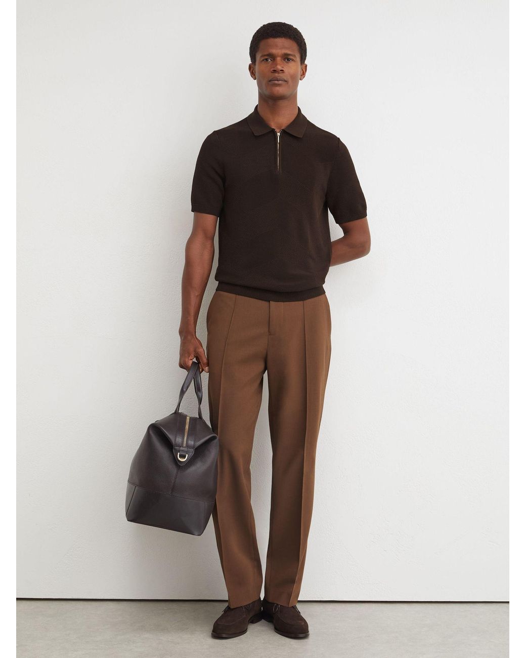 Reiss Black Cotton-Blend Chevron-Knit Half-Zip Polo Shirt for men