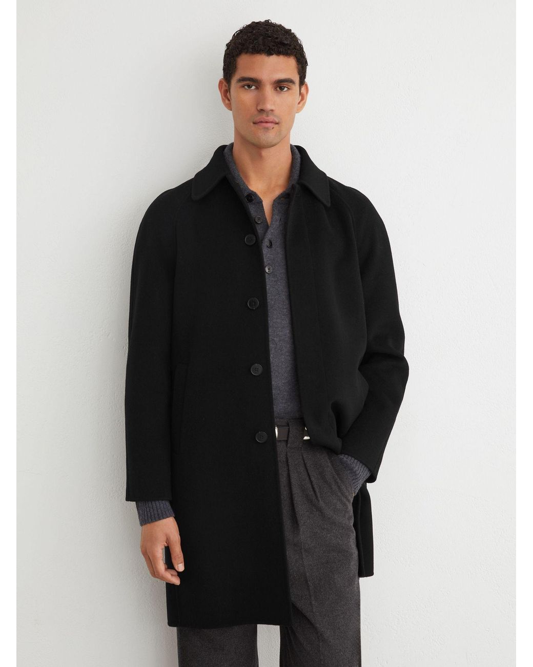 Reiss Black Wool-Blend Single-Breasted Raglan Overcoat for men