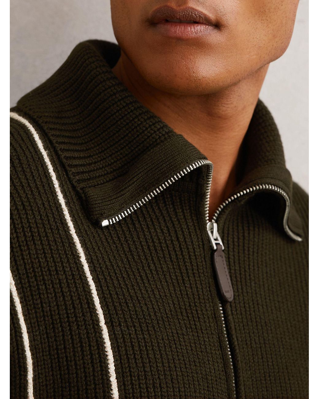 Reiss Brown Rib-Knit Stitch-Detail Half-Zip Jumper With Wool for men