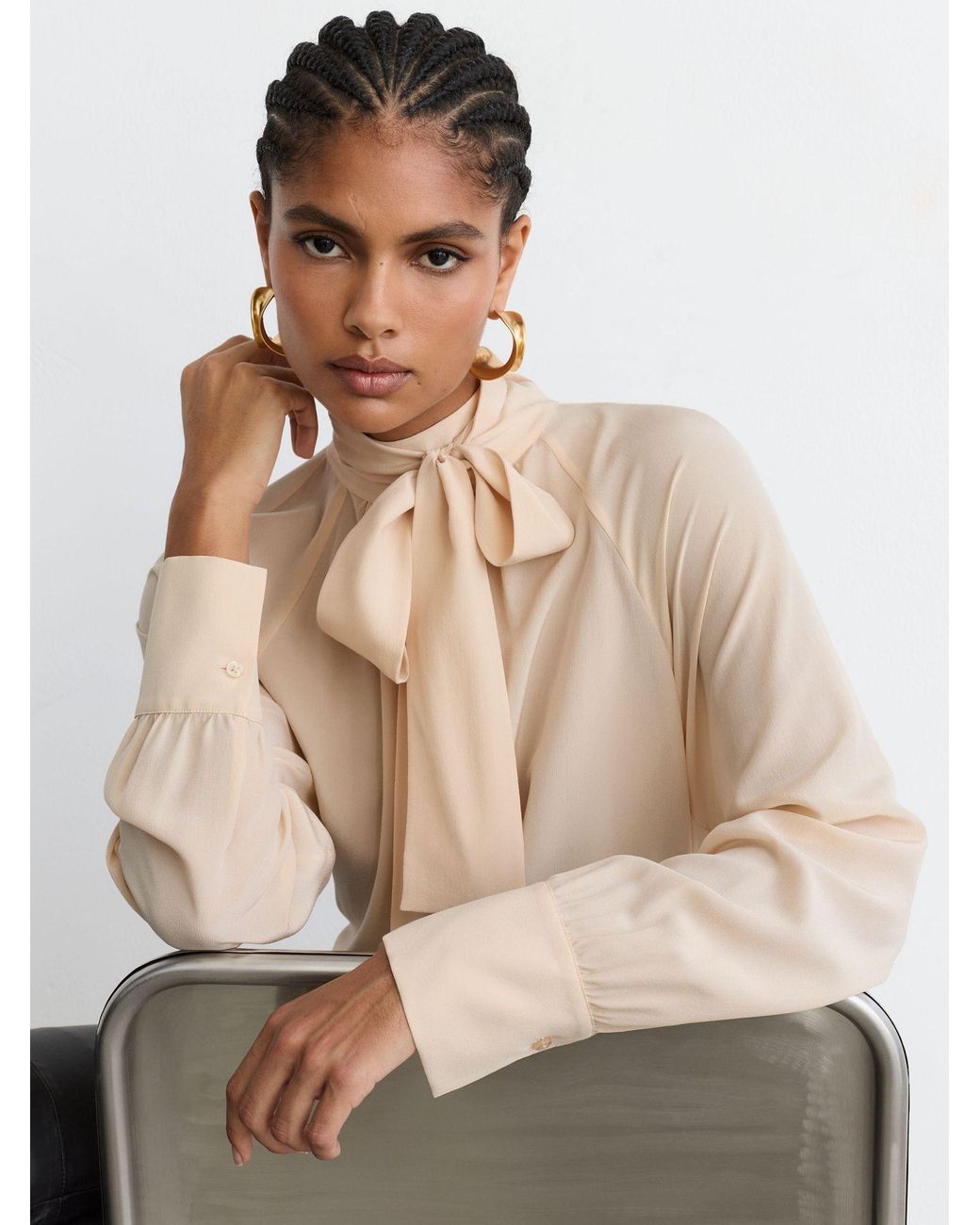 Reiss Natural Lila - Peach Orange Silk Tie-neck Long-sleeve Blouse, Us 2