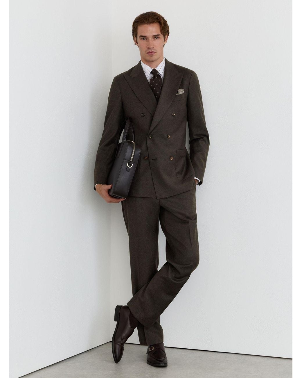 Reiss Gray Wool-Blend Flannel Double-Breasted Suit Blazer Classic-Fit for men