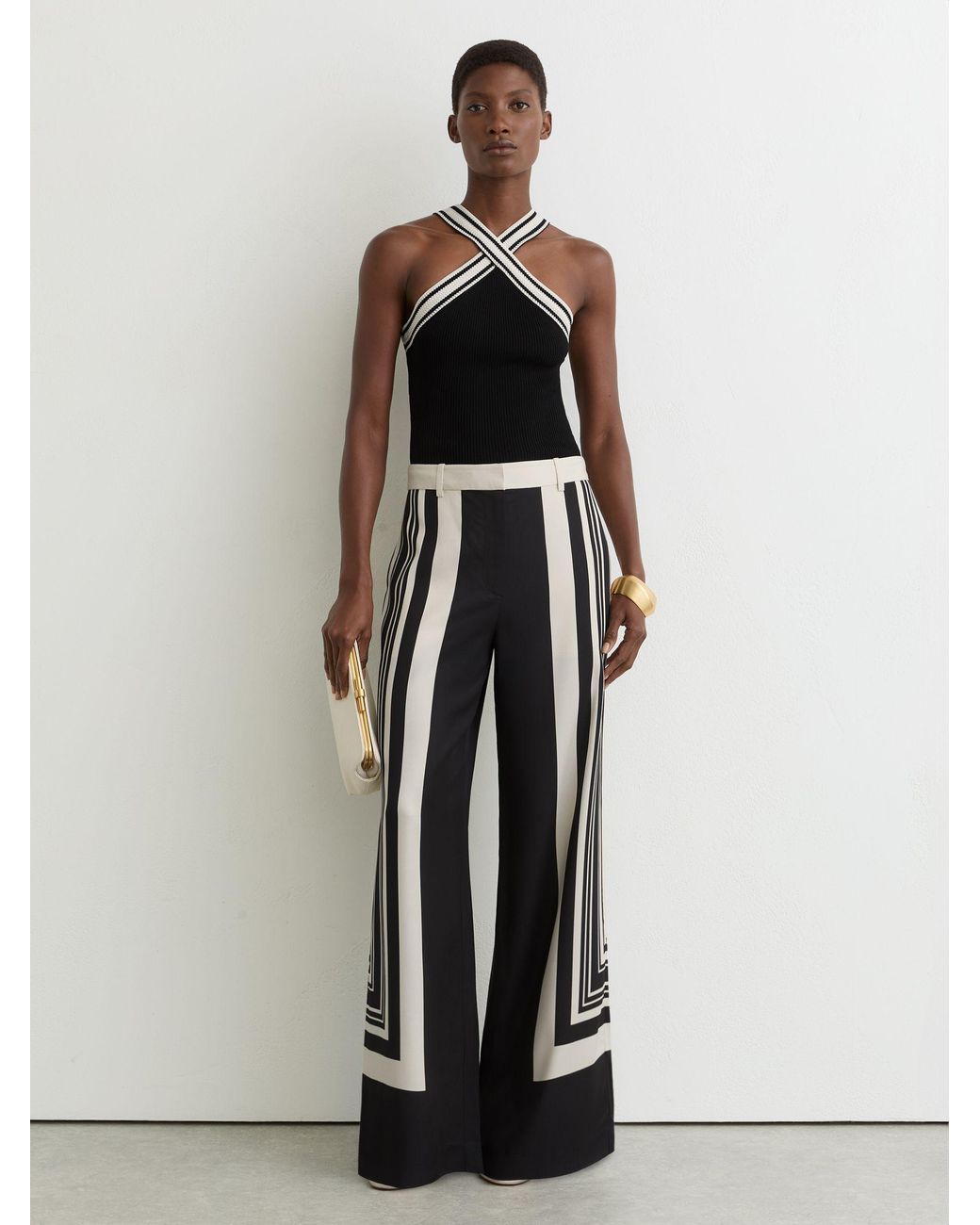 Reiss White Contrast-Neckline Rib-Knit Top