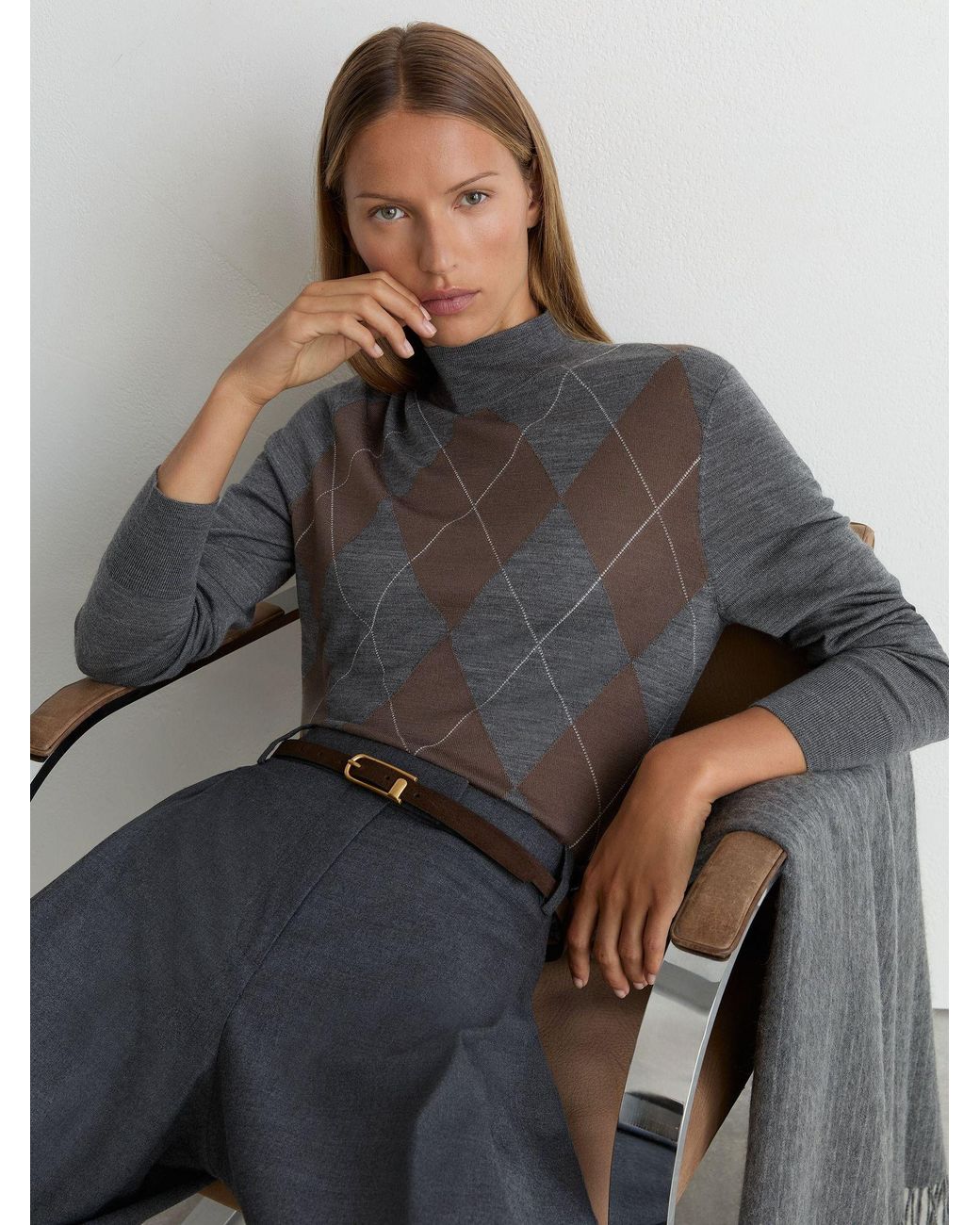 Reiss Gray Ultra-Soft Merino Wool Argyle Funnel-Neck Jumper