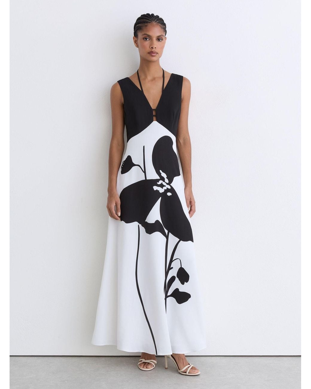 Reiss White Graphic Floral-Print Maxi Dress