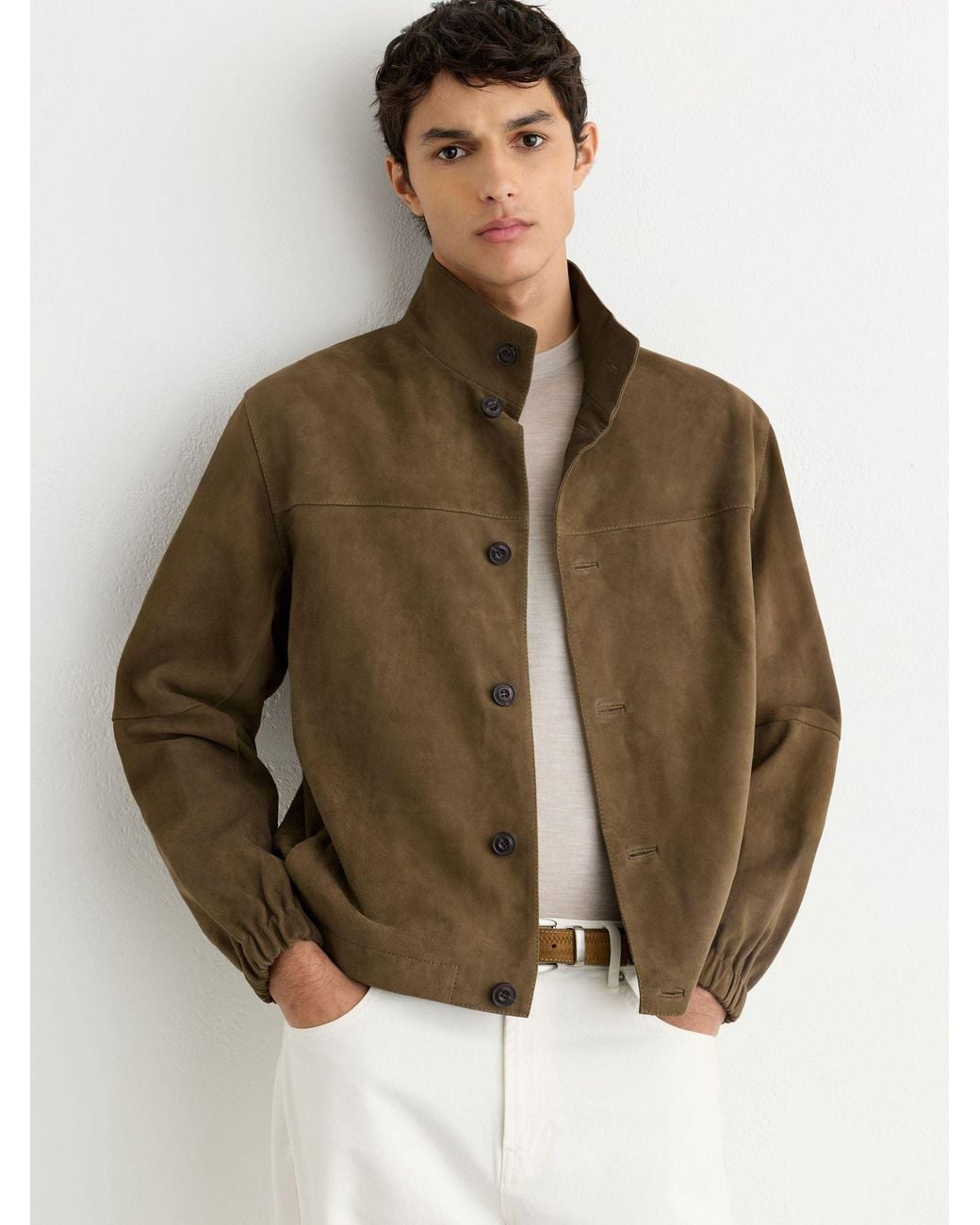 Reiss Brown Suede Stand-Collar Button-Through Jacket for men