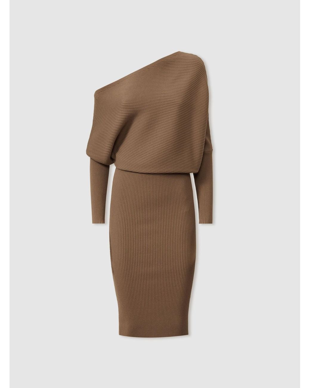 Reiss Multicolor Lara - Mink Off-the-shoulder Ribbed Midi Dress, M (us 8-10)