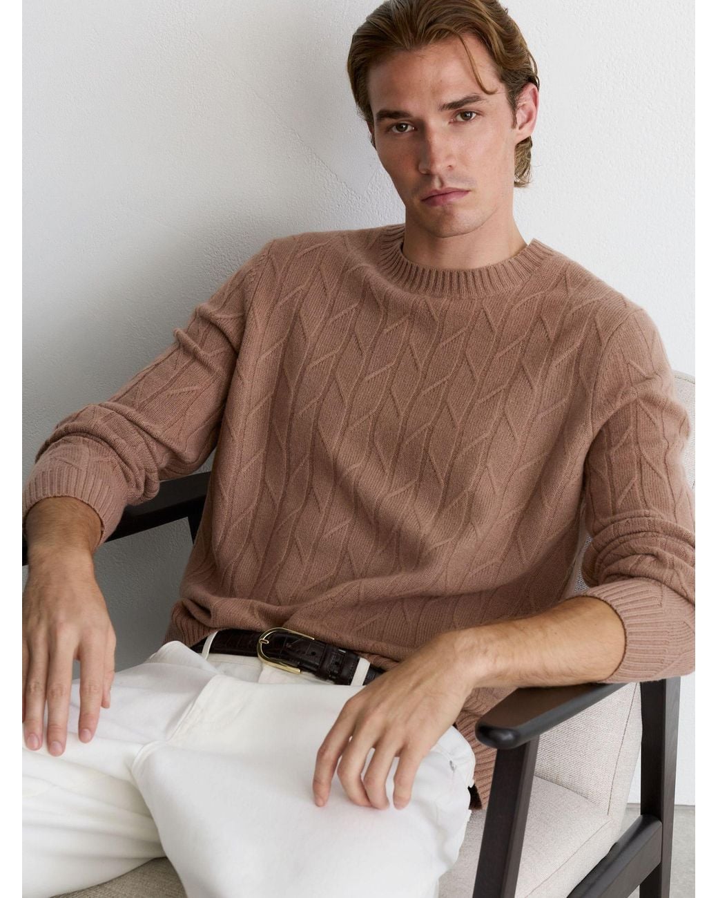 Reiss Brown Wool Twisted-Cable Crew-Neck Jumper for men