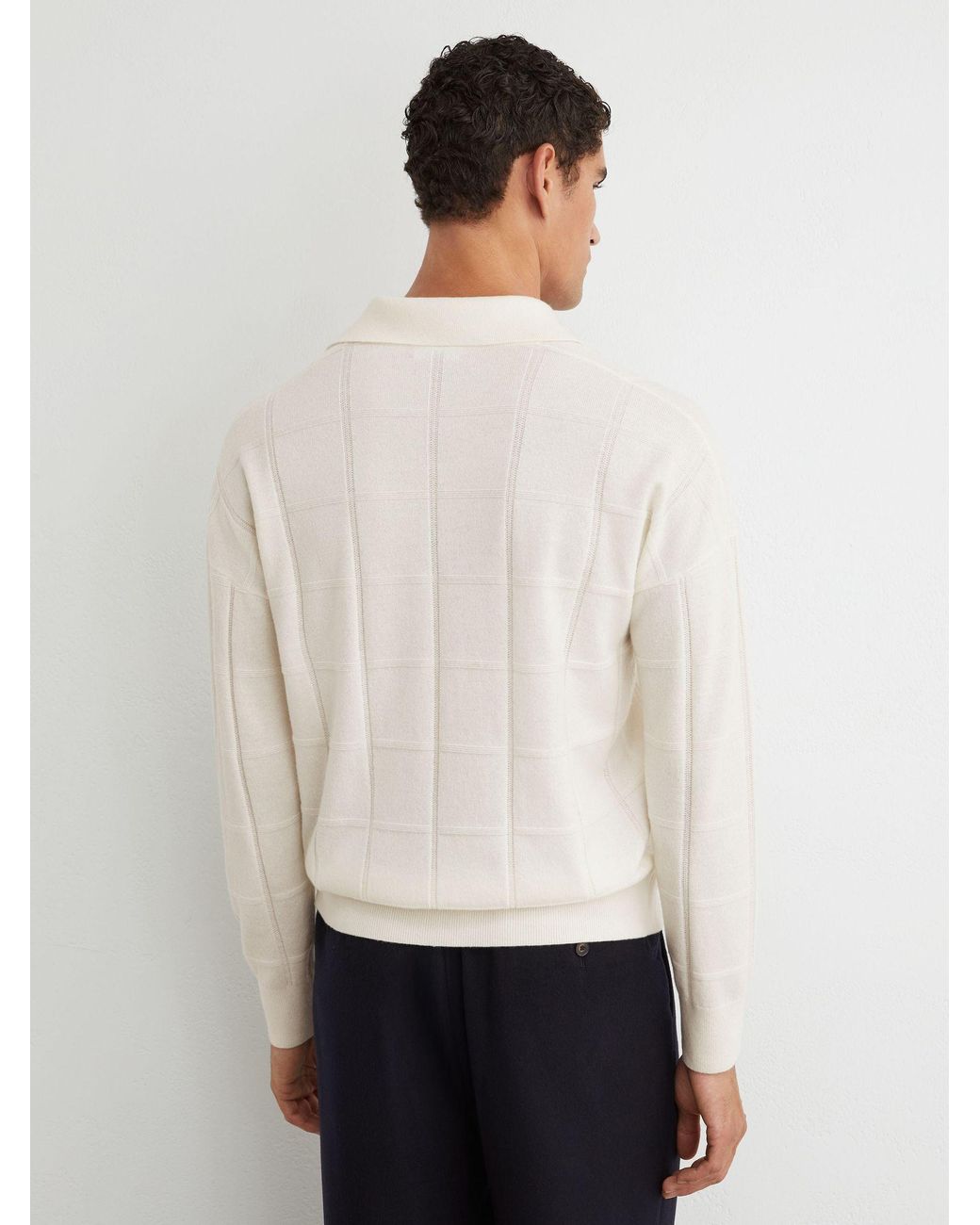 Reiss Compton - White Wool Square-textured Open-collar Polo Jumper, S for men