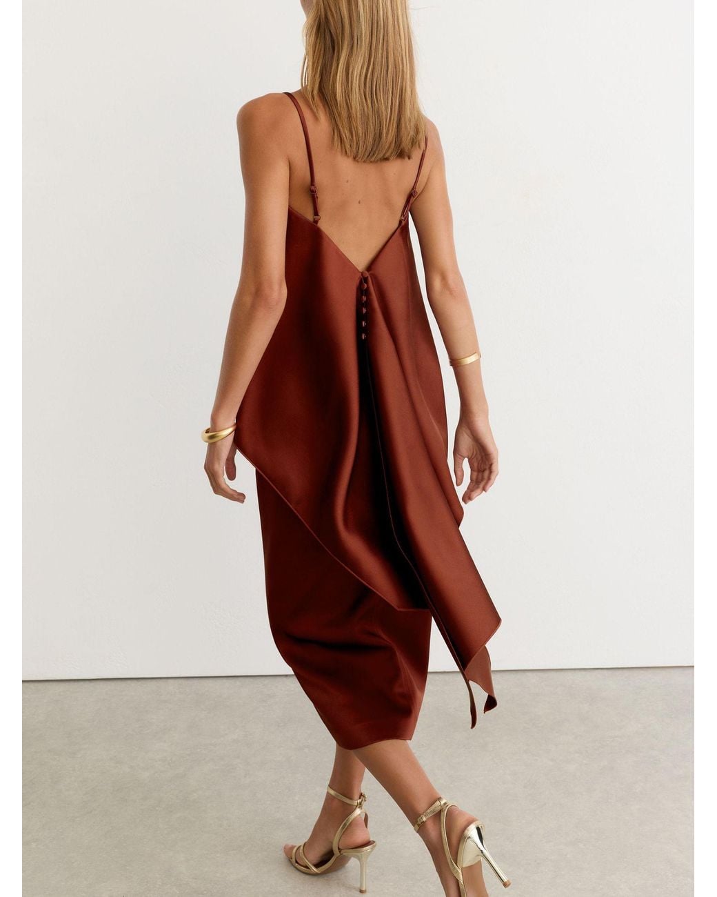Reiss Brown Satin Structured Drape-Back Top