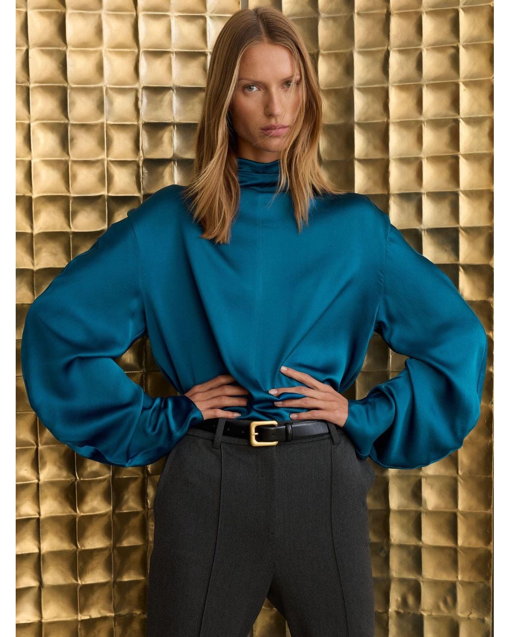 Reiss Blue Silk High-Neck Blouse