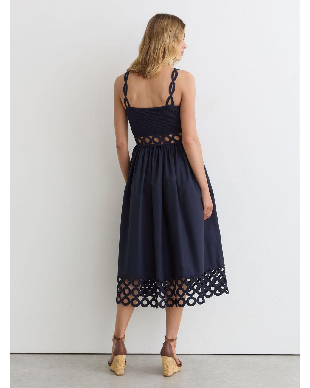 Reiss Blue Rib-Knit Woven Mix Cut-Out Midi Dress