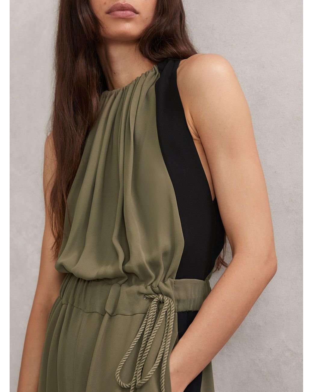 Reiss Green Color Block Gathered Wide-leg Jumpsuit