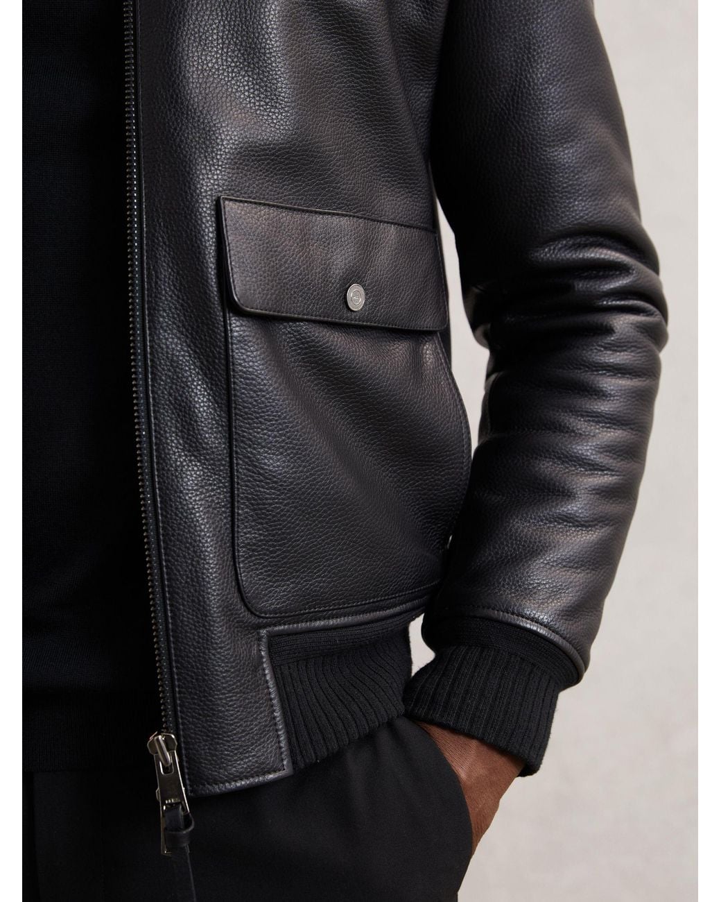 Reiss Gray Leather Shearling-Collar Bomber Jacket for men