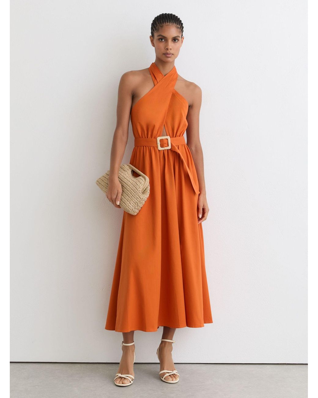 Reiss Rowe - Orange Cotton Halterneck Belted Midi Dress, Us 12