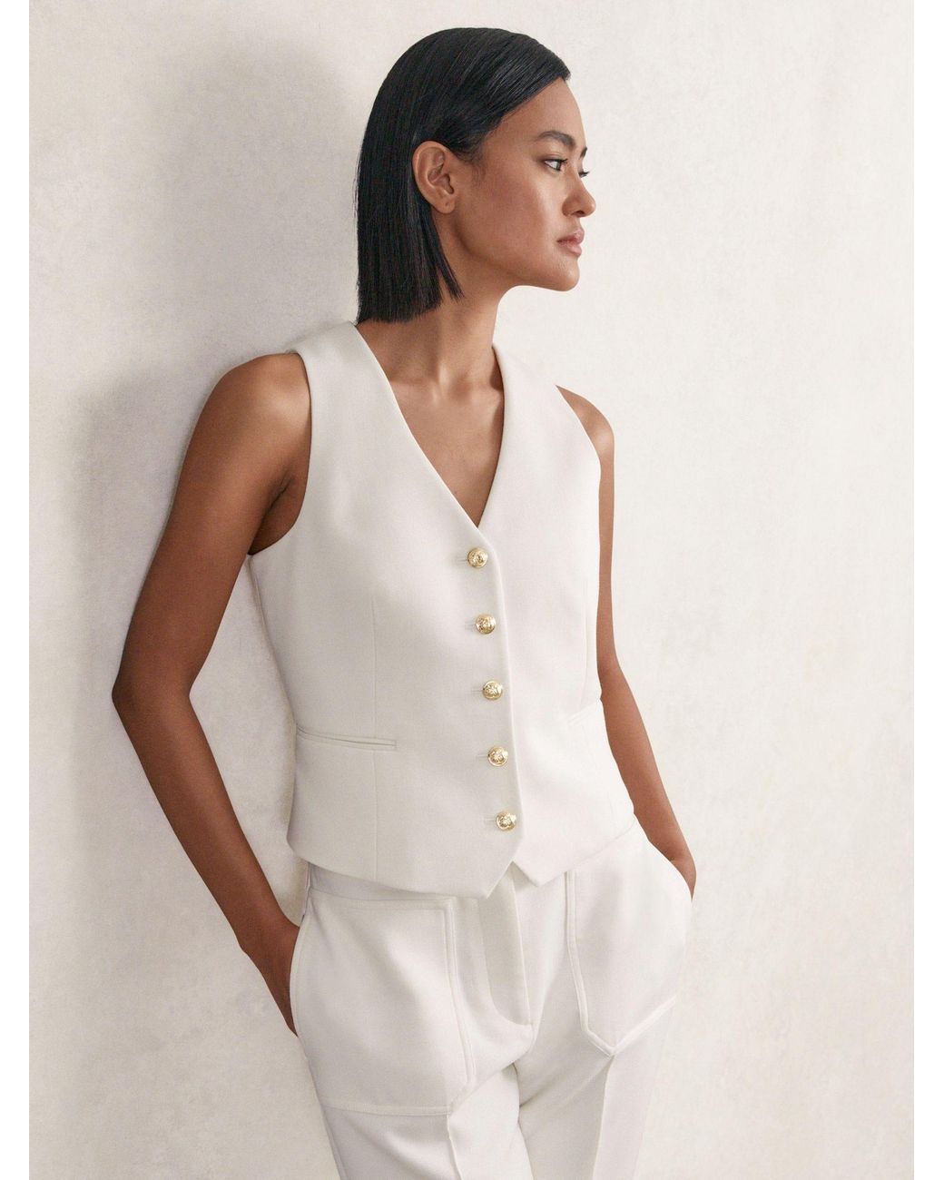 Reiss Lily White Single breasted Twill Waistcoat With Wool Us 8 In reiss-lily-white-single-breasted-twill-waistcoat-with-wool-us-8-in