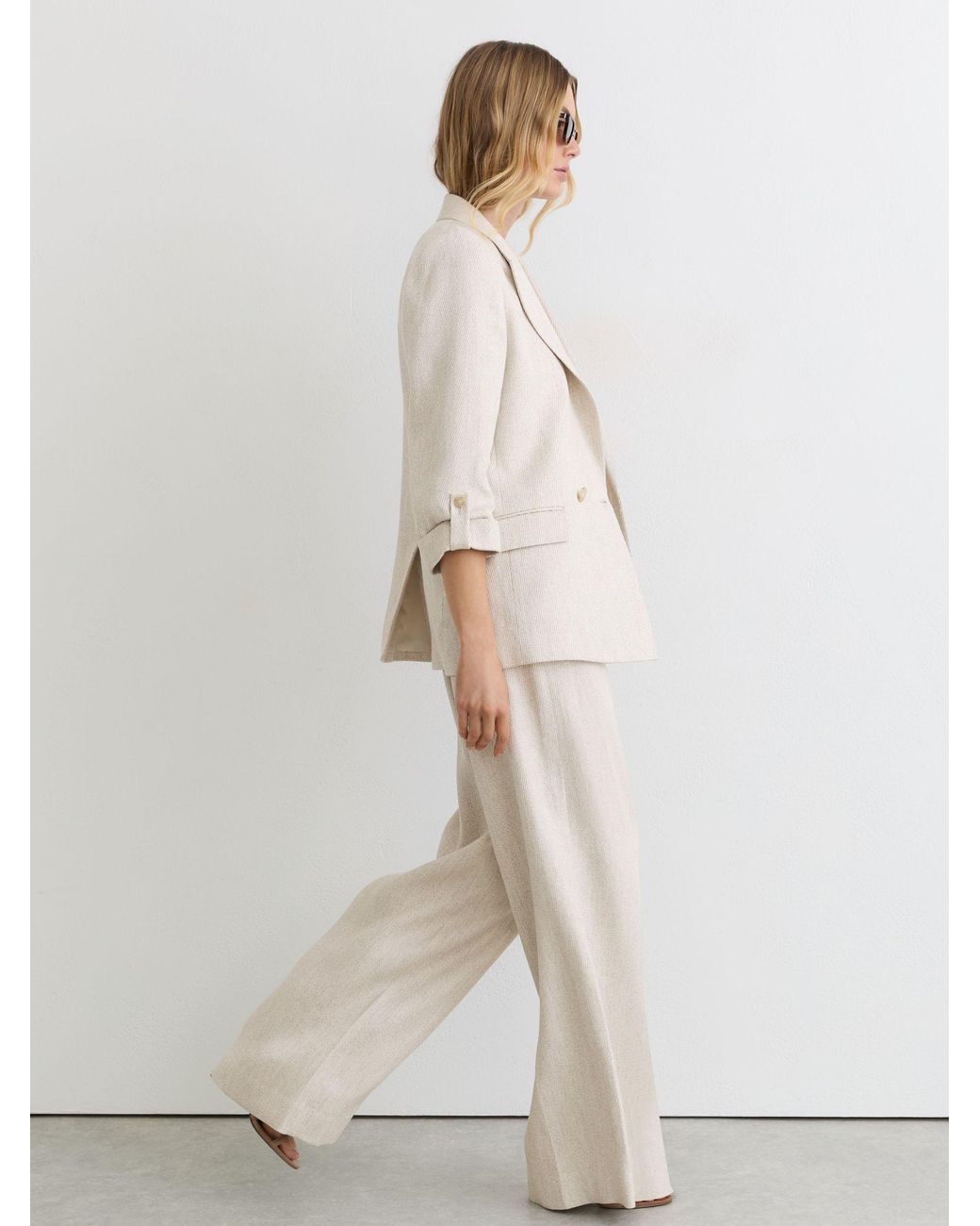 Reiss White Neutral Nolah Petite Linen-Blend Textured Wide-Leg Trousers