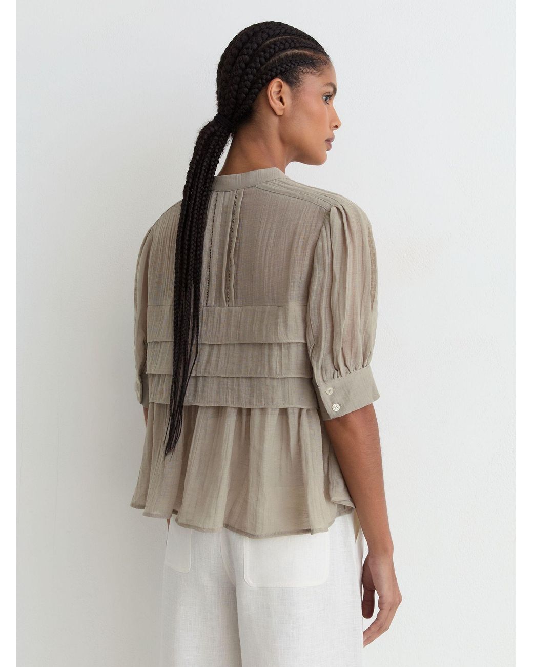 Reiss Gray Georgia - Grey Frill-detail Half-button Blouse, Us 6