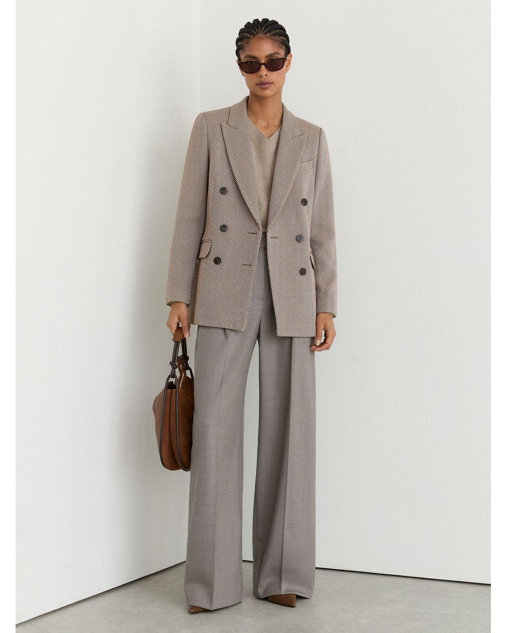 Reiss Multicolor Aubrey - Taupe Neutral Wool-blend Textured Double-breasted Blazer, Us 2