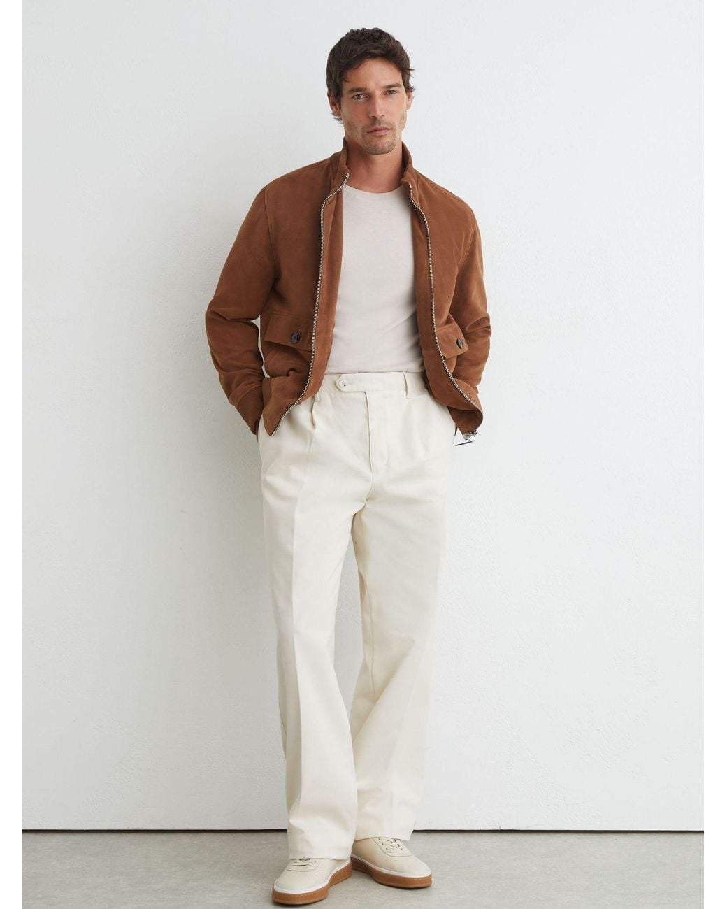 Reiss White Cotton Slub Pleated Relaxed-Fit Trousers for men