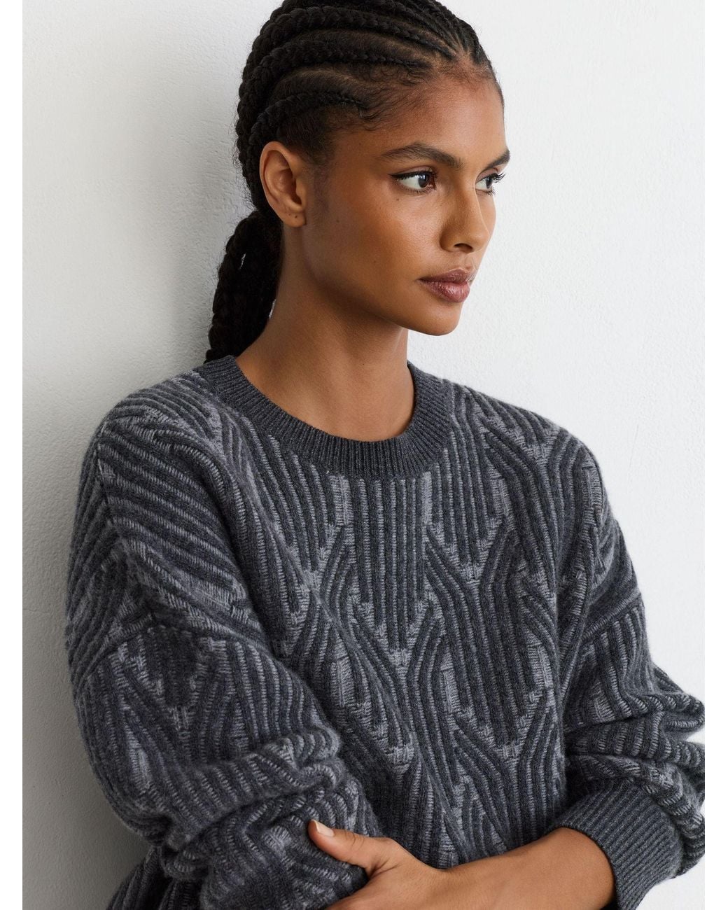 Reiss Gray Leah - Grey Wool-cashmere Jacquard-knit Jumper, Xs (us 2)