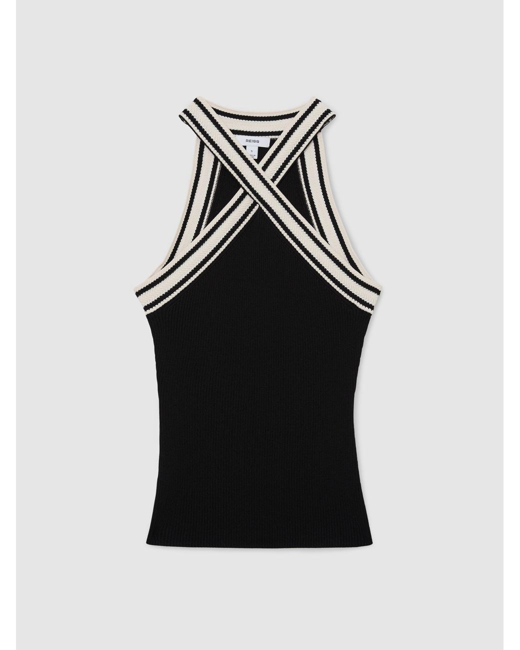 Reiss White Contrast-Neckline Rib-Knit Top