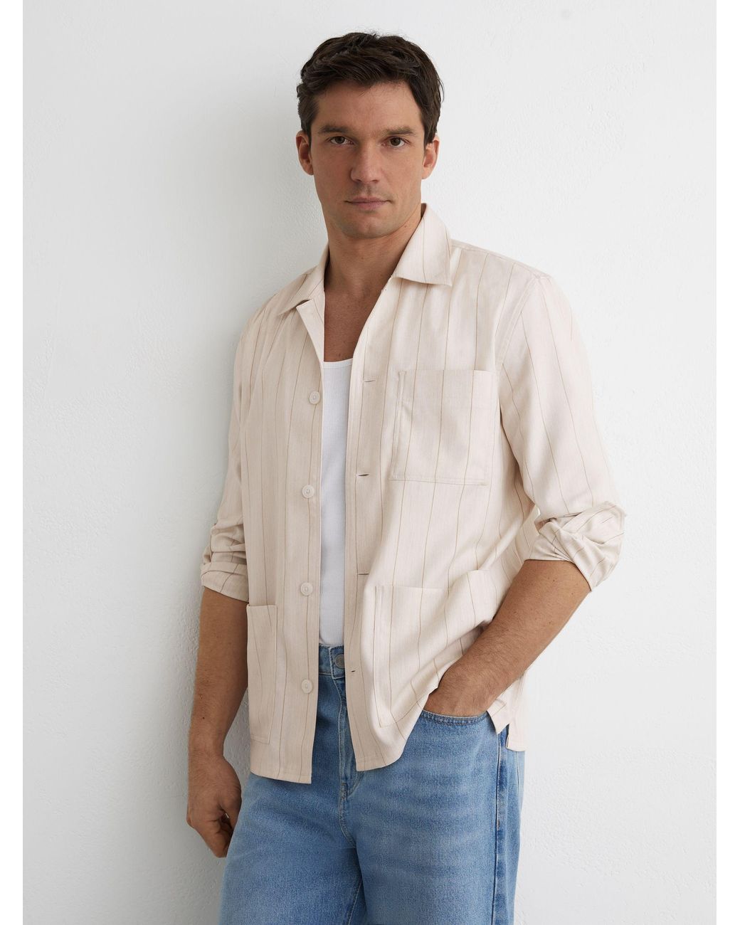 Reiss Natural Pinstripe Button-Through Overshirt for men