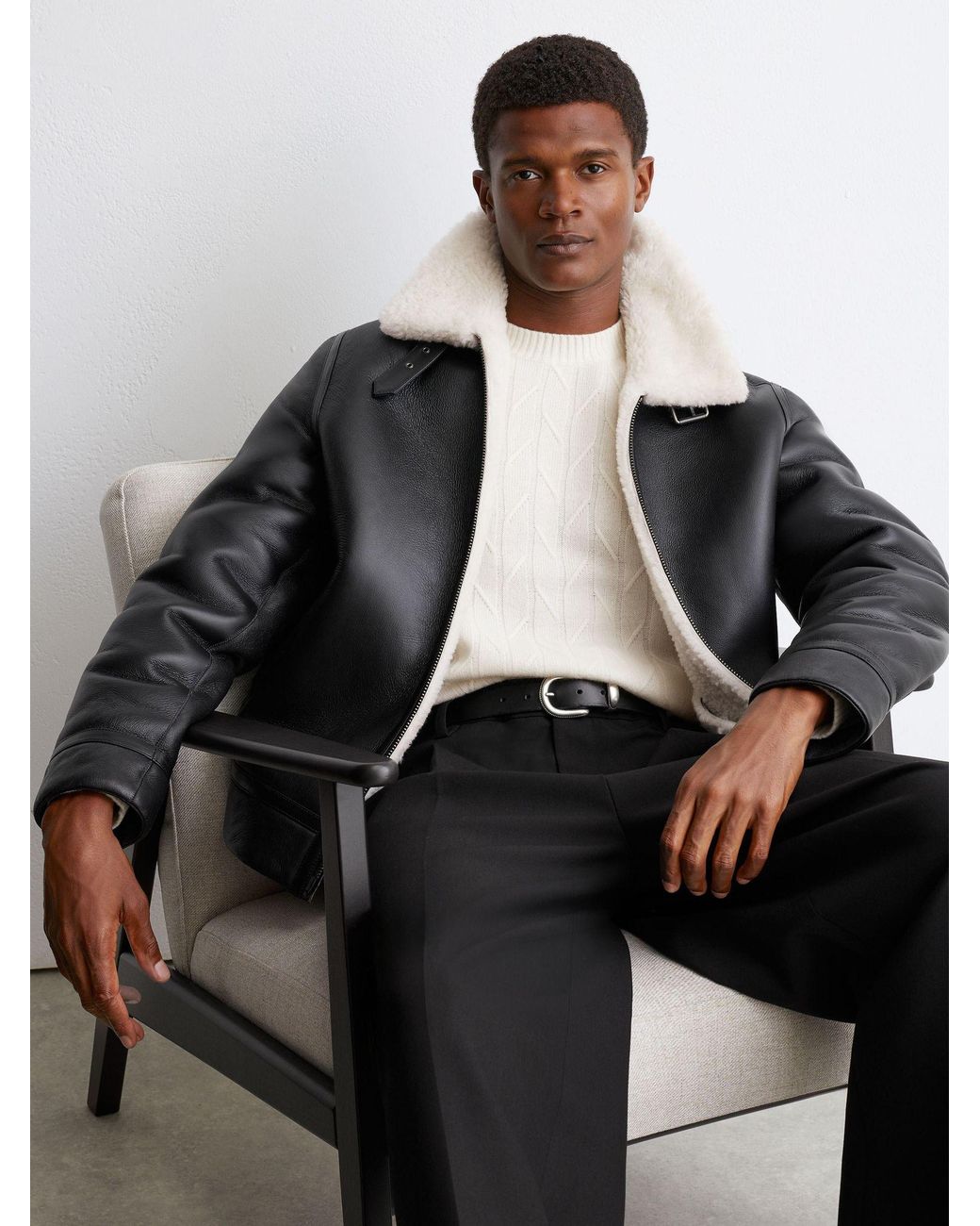 Reiss Black Leather Shearling-Lined Jacket for men
