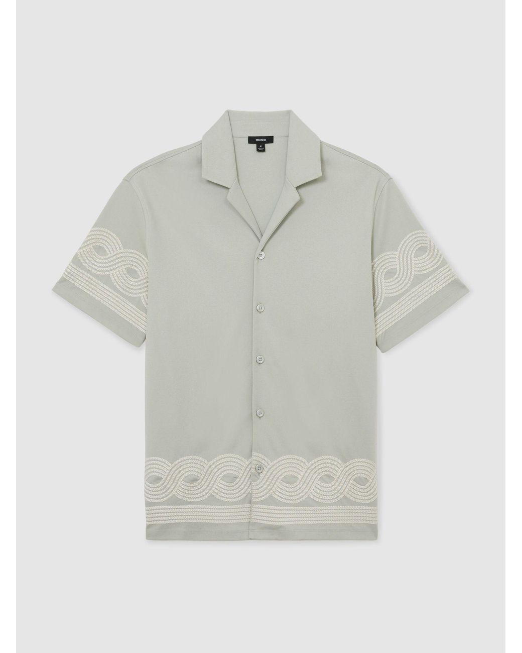 Reiss Gray Arden Cotton-Blend Embroidered Cuban-Collar Shirt for men