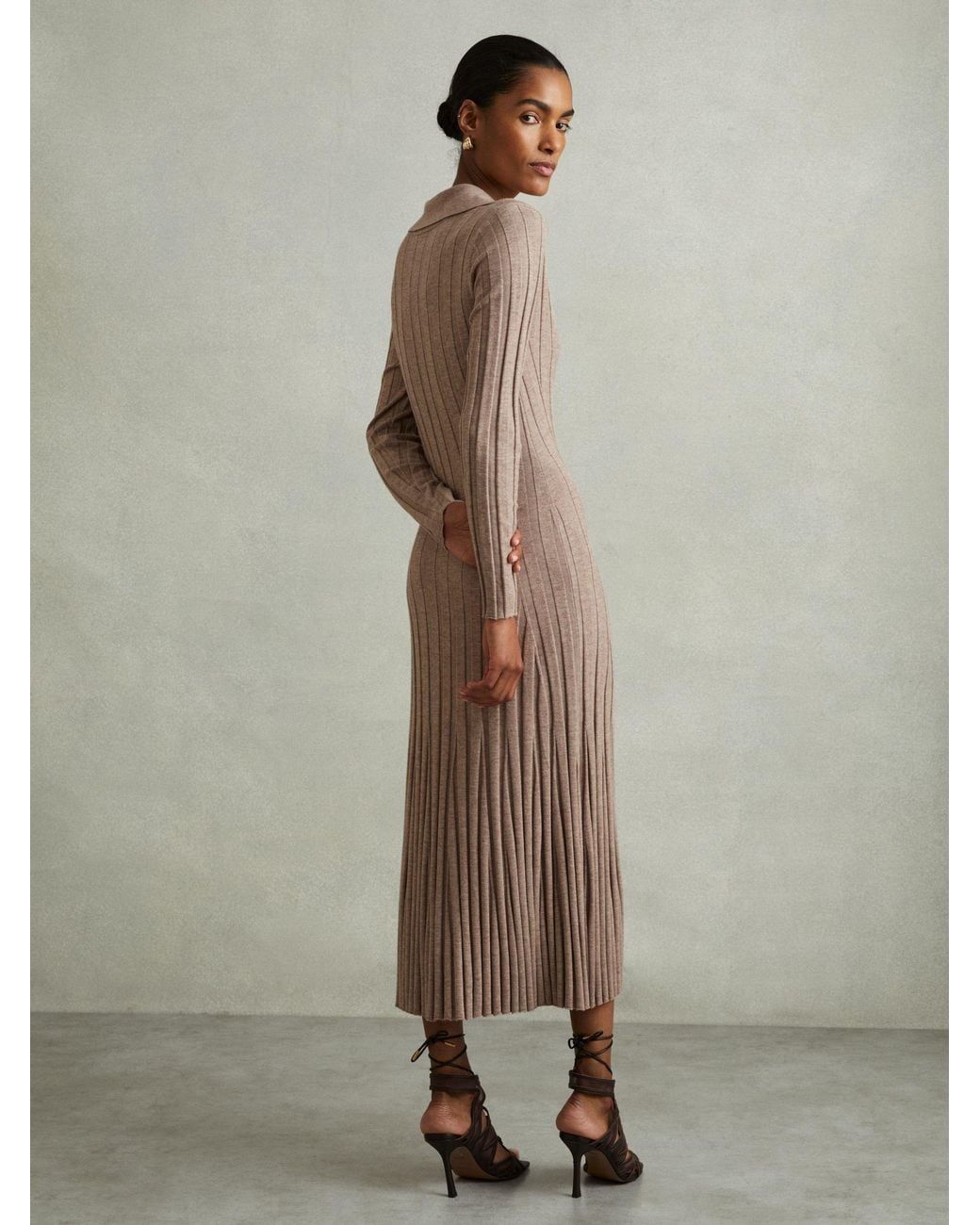 Reiss Natural Winnie - Neutral Petite Knitted Open Collar Midi Dress