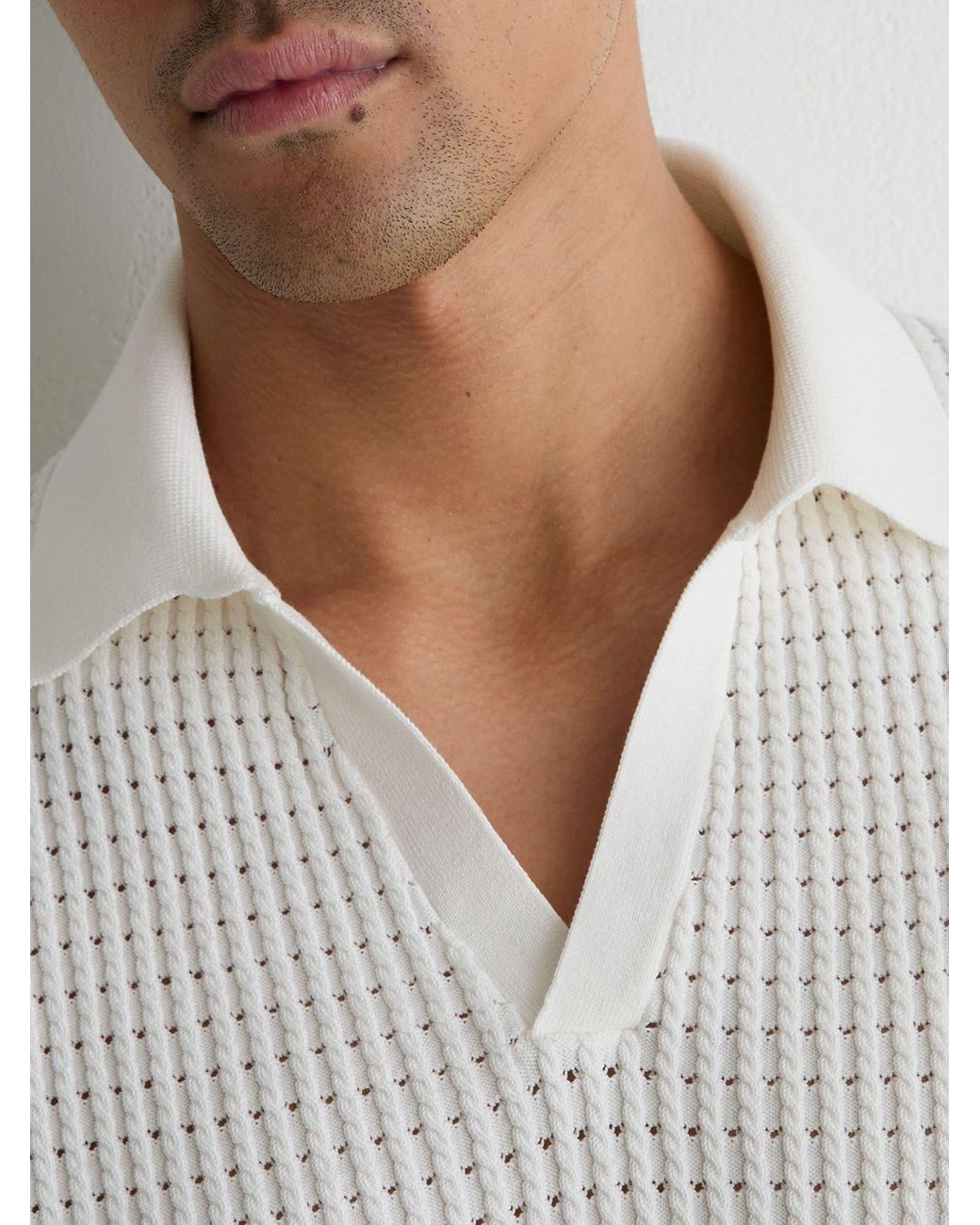 Reiss White Micro-Cable Knit Open-Collar Polo for men