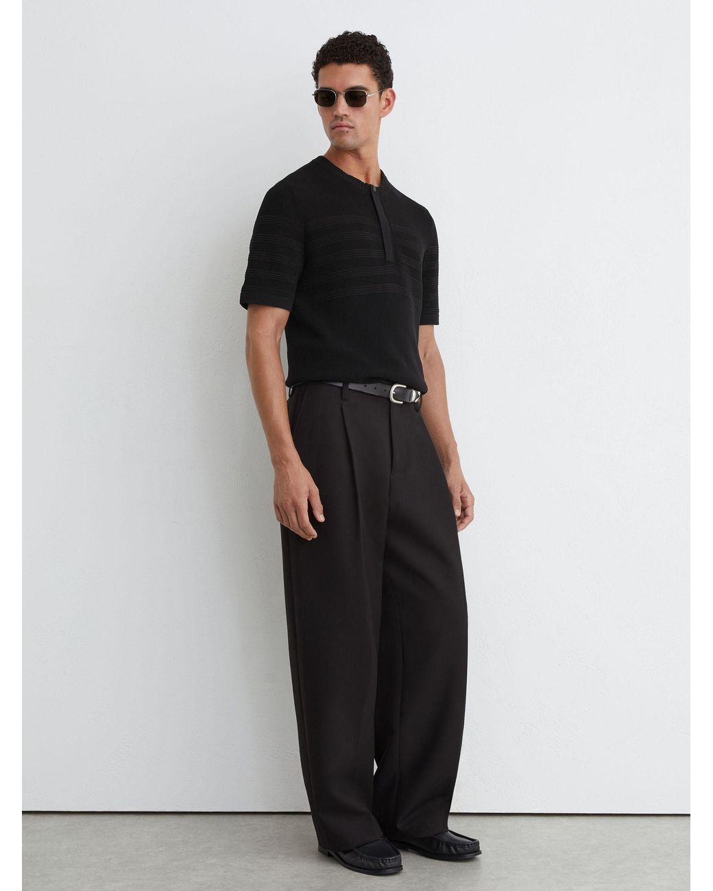 Reiss Brockwell - Black Cotton-blend Textured Henley Top, Xs for men