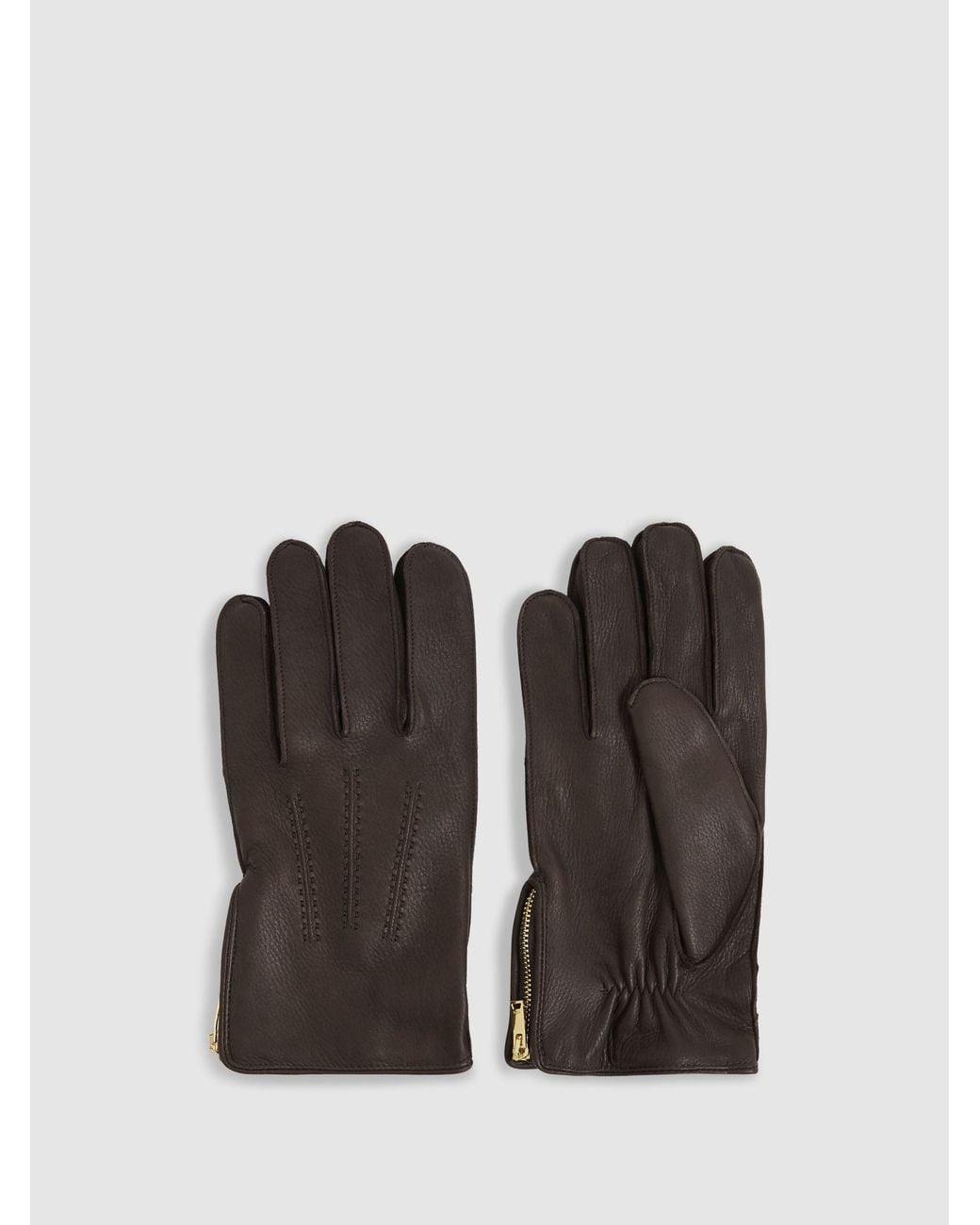 Reiss Black Leather Zip-Side Gloves for men
