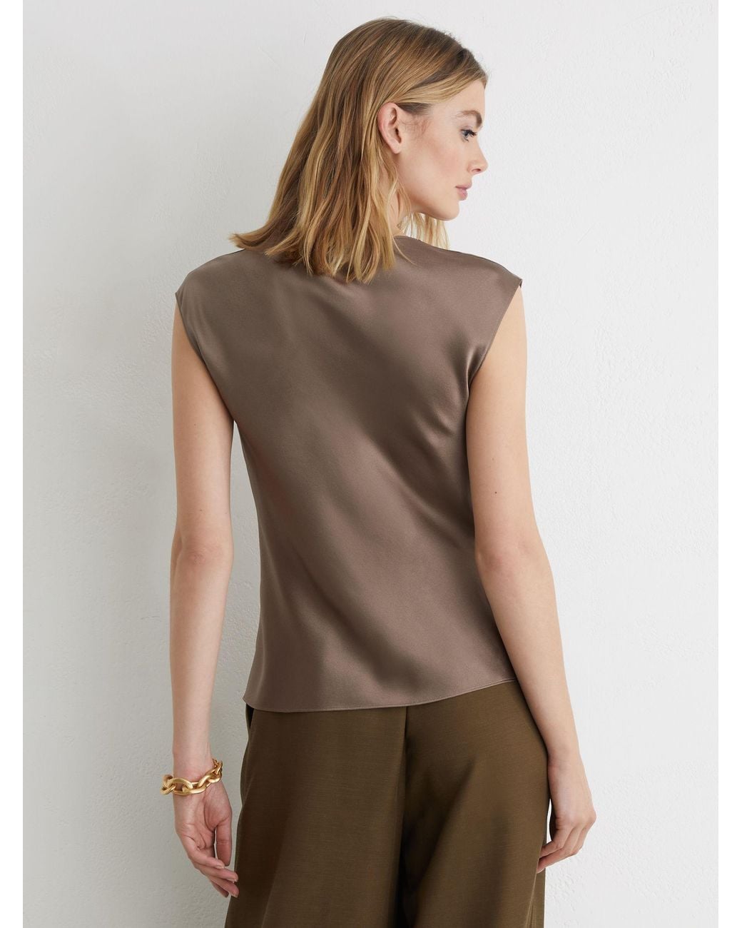 Reiss Brown Silk Cowl-Neck Sleeveless Top