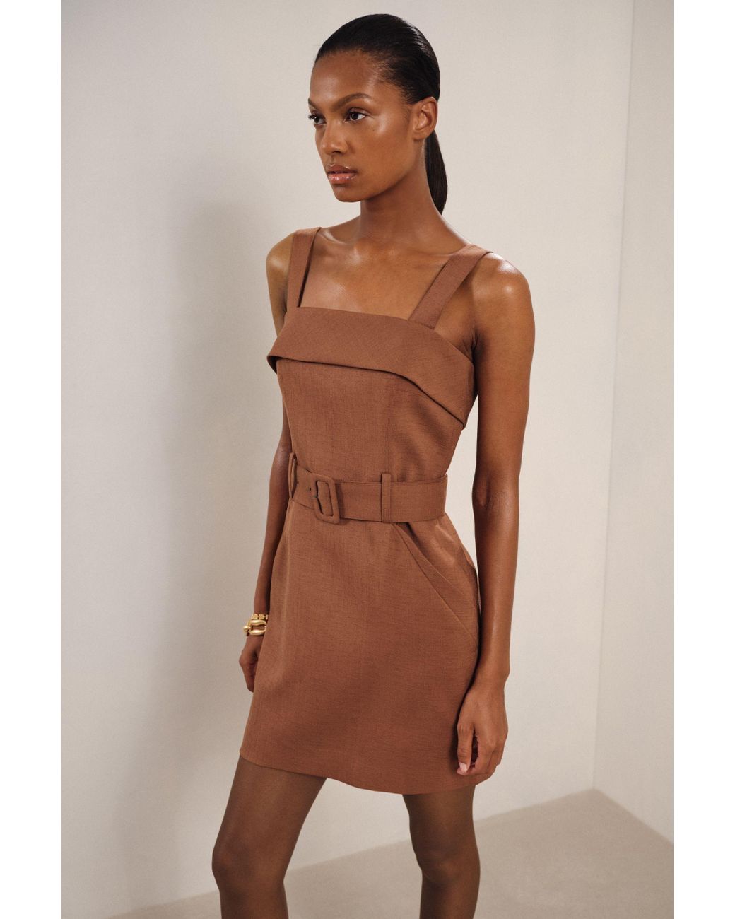 A-Line Mini Dress with Bell Sleeves - Brown main image 0