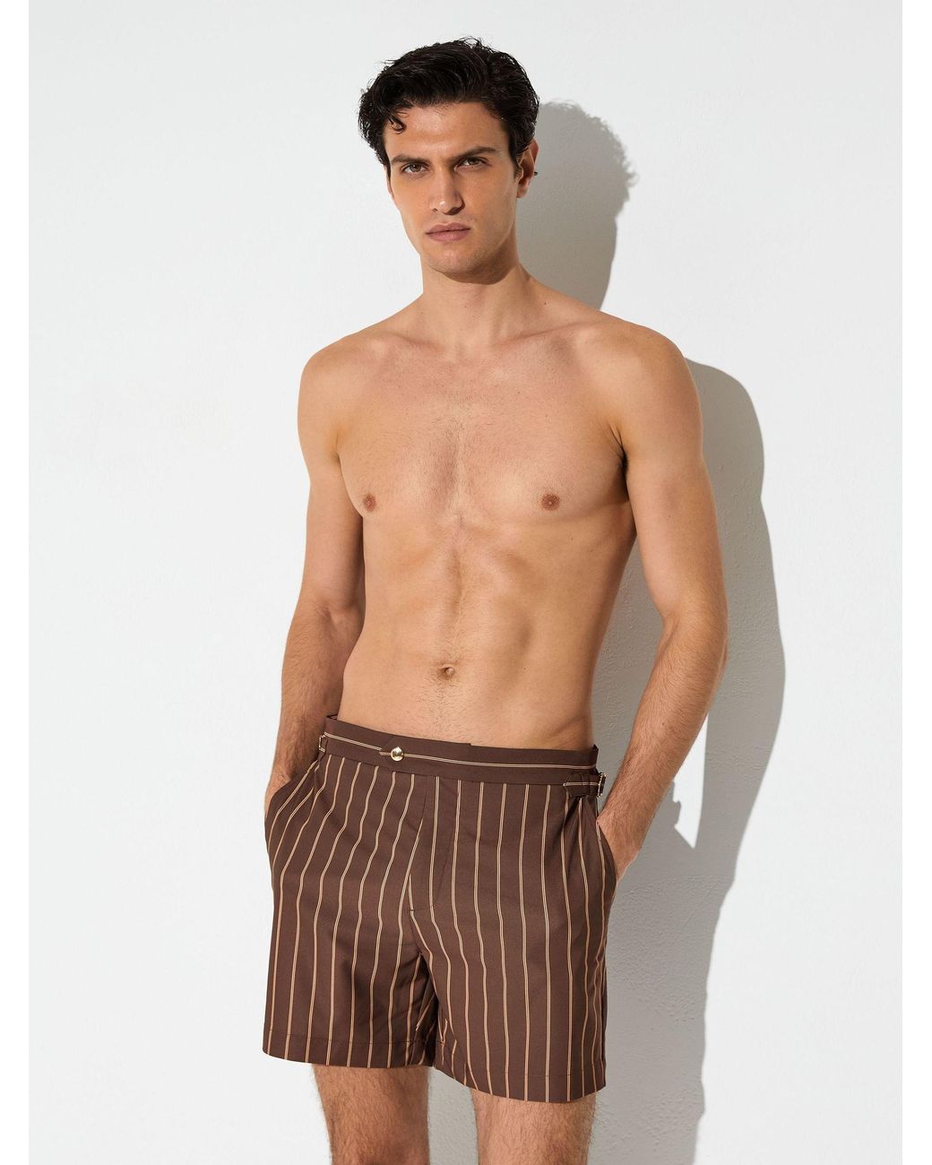 Reiss Black Presley - Dark Brown Pinstripe Side-adjuster Swim Shorts, Xxl for men