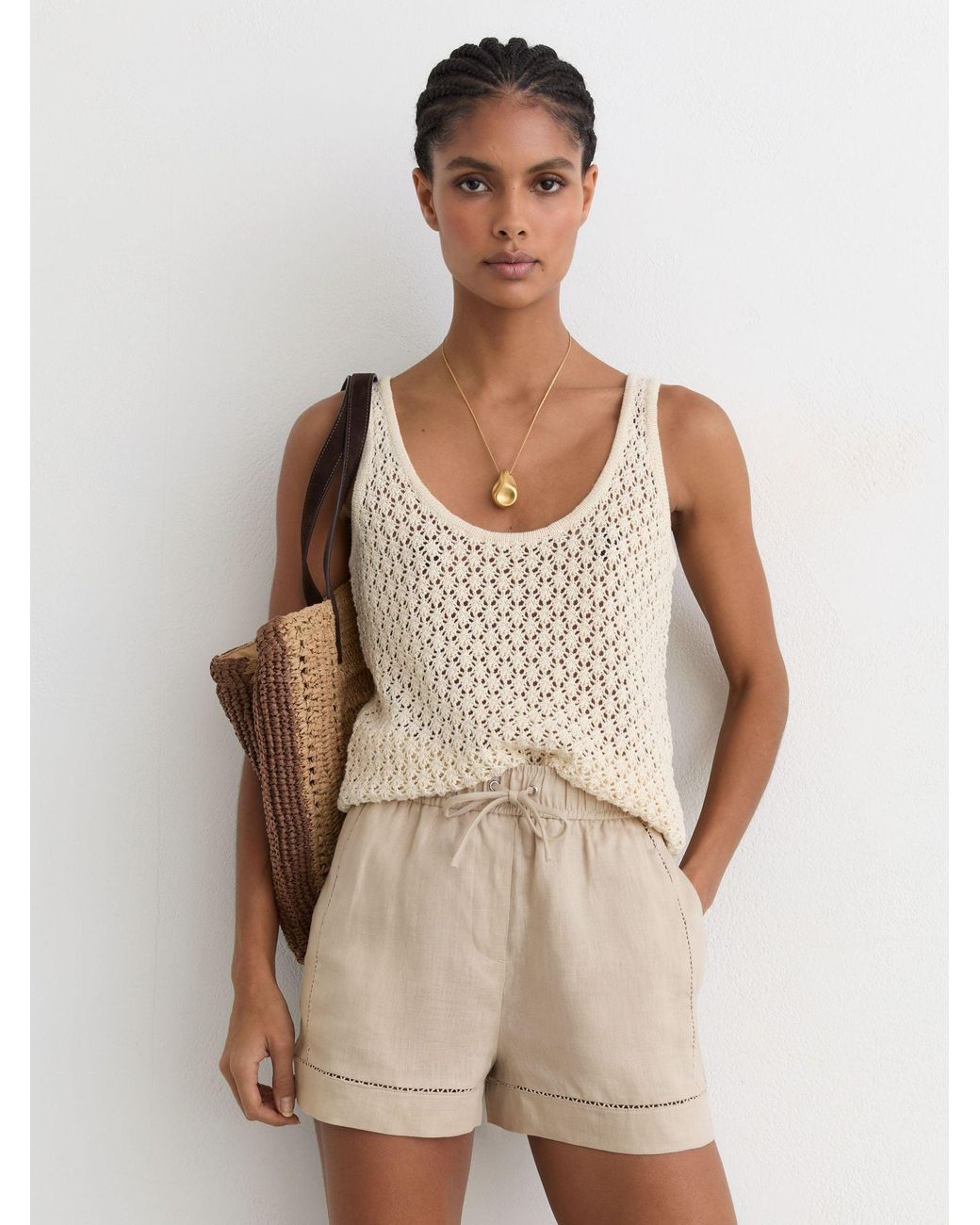 Reiss Natural Riley - Neutral Linen Ladder-embroidery Shorts, Us 4