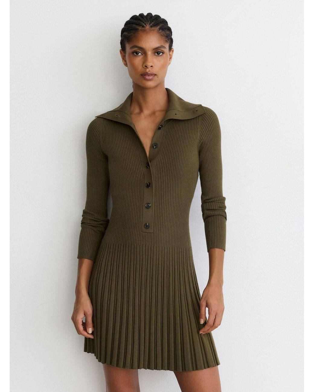 Reiss Green Rib-Knit Pleated Half-Button Mini Dress