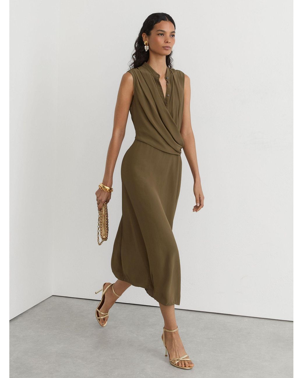 Reiss Natural Drape-Detail Band-Collar Midi Dress