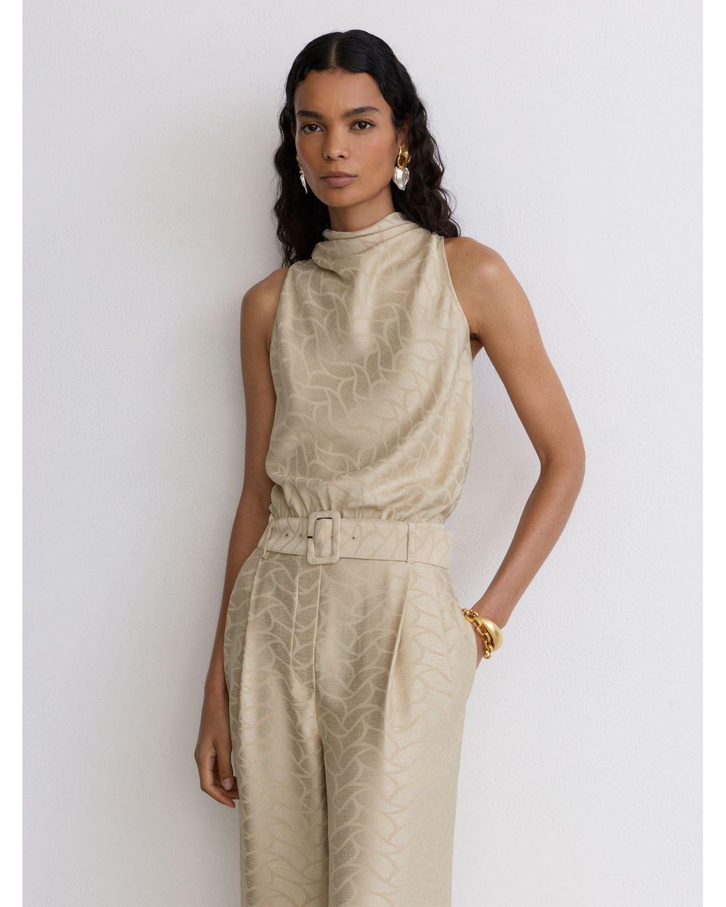 Reiss Natural Jacquard Cowl-Neck Belted Jumpsuit