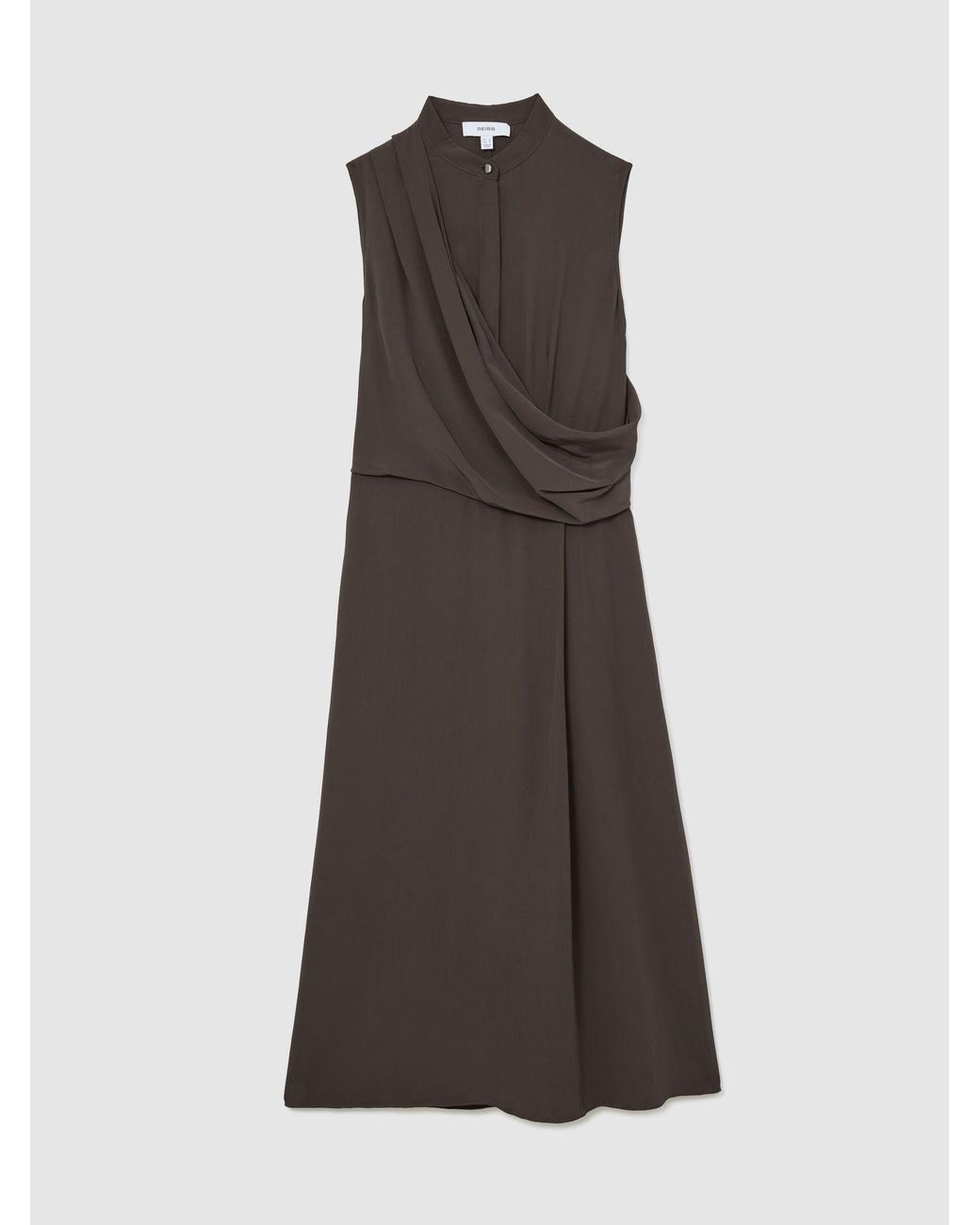 Reiss White Drape-Detail Band-Collar Midi Dress