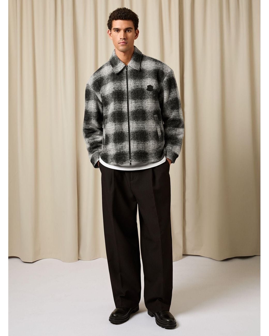 Reiss Natural Barton - Black/white Monogram Embroidered Relaxed Overshirt With Wool, Xl for men