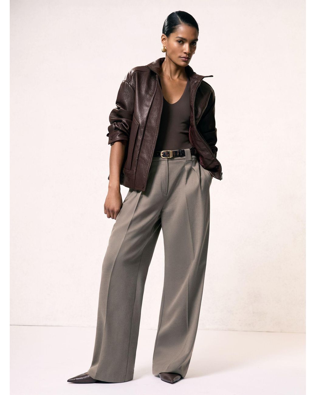 Reiss Brown Oversize Grained-Leather Bomber Jacket