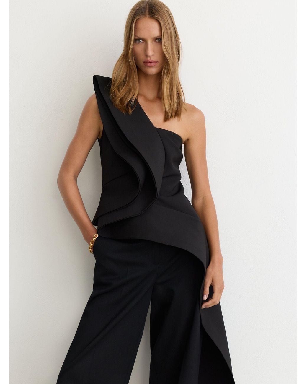 Reiss Blue Structured-Frill One-Shoulder Top