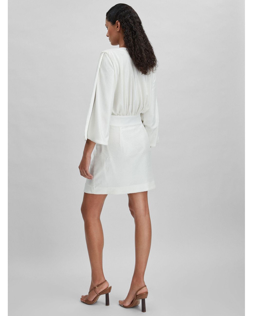 Halston Heritage White Sequin Side Tie Mini Dress, & Camel