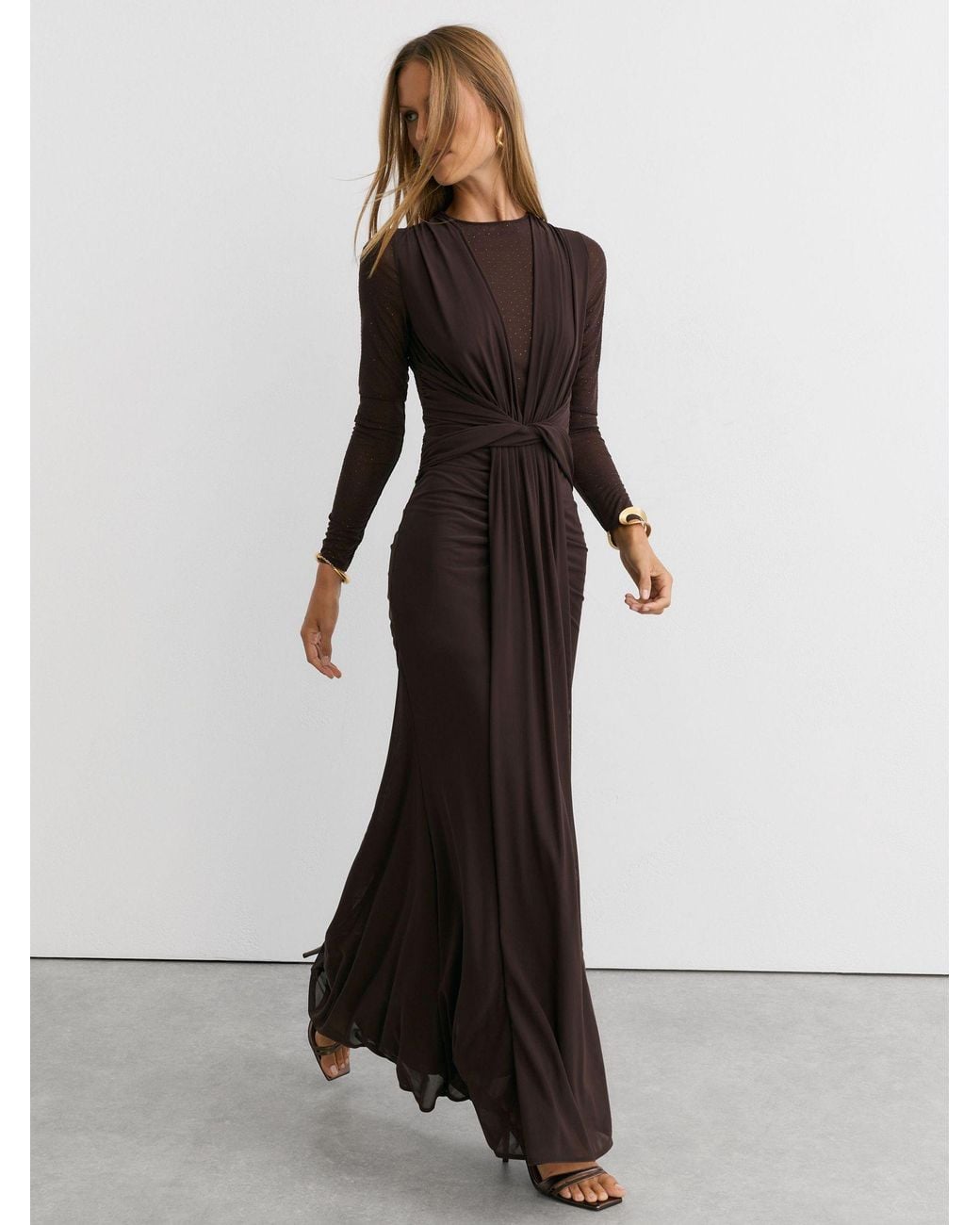 Reiss White Tess - Chocolate Brown Crystal-detail Mesh Draped Maxi Dress, 12