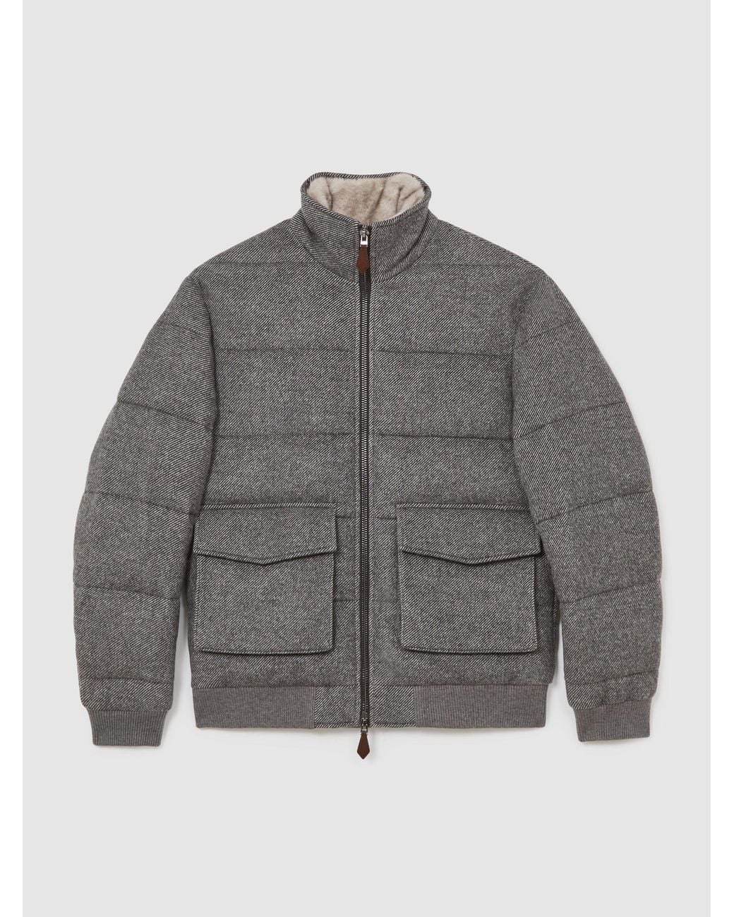 Reiss Gray Faux-Fur Collar Quilted Puffer Jacket for men