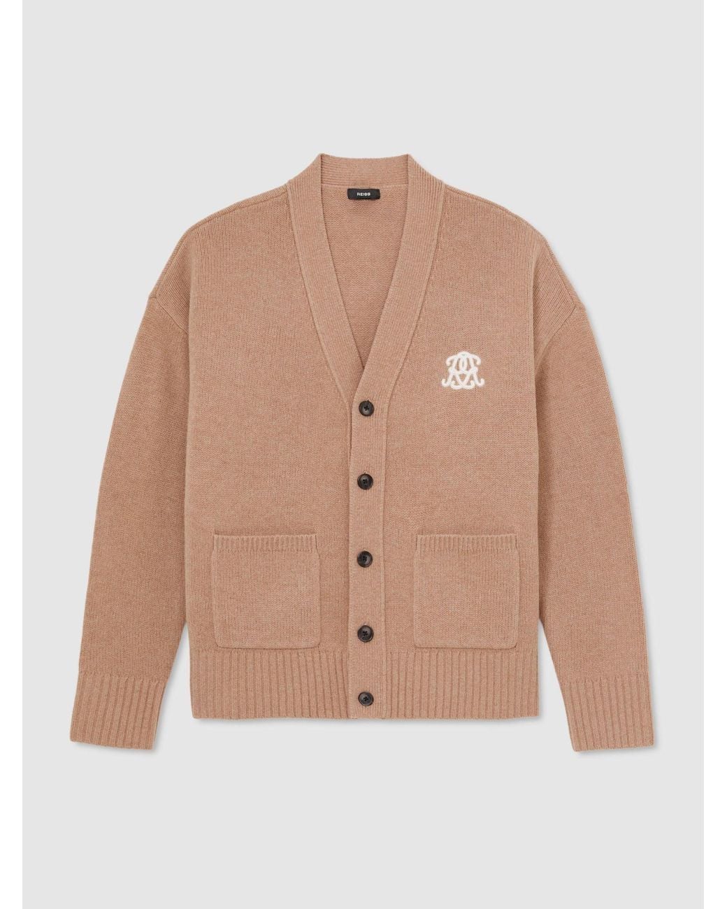 Reiss Natural Norris - Camel Brown Monogram Embroidered Relaxed Wool Cardigan, L for men