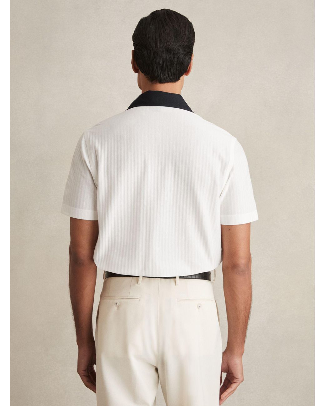 Reiss Natural Aster - White/navy Cotton Textured Colour-block Shirt, S for men