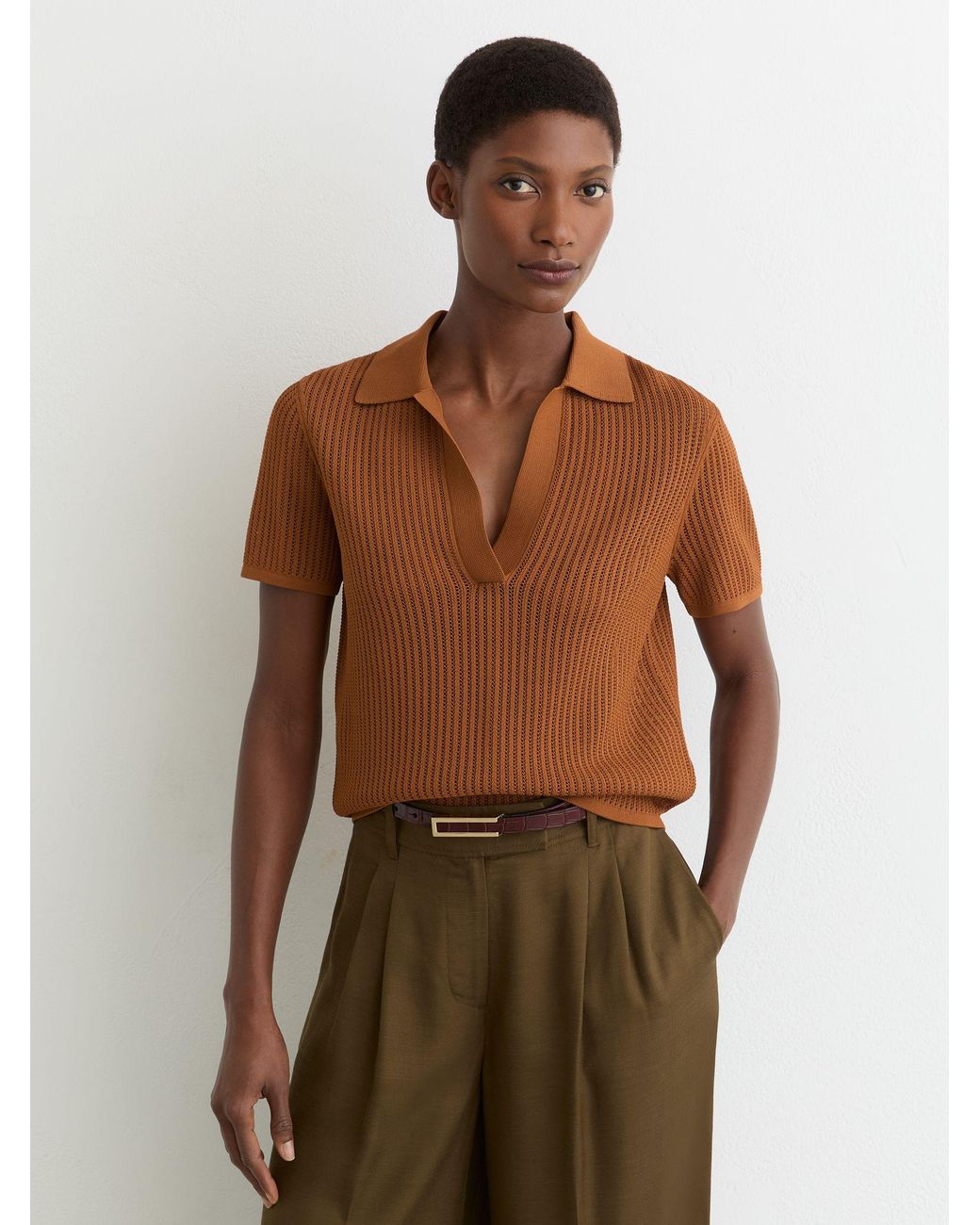 Reiss Brown Open-Stitch Knitted Polo Top